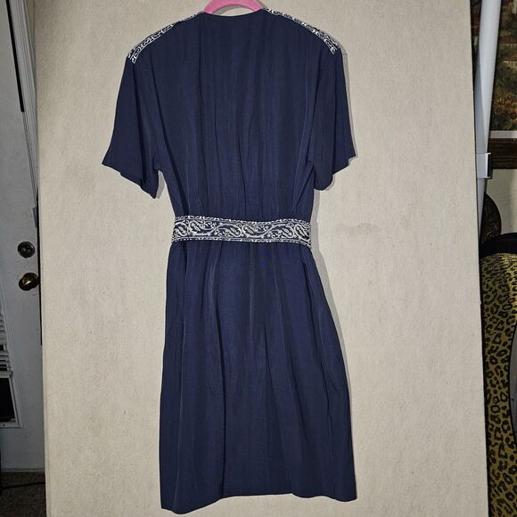 Vintage Petite Sophisticate Women's Career Dress Size Medium Navy Blue Belted - Picture 2 of 15